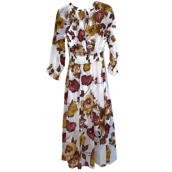 Vintage White Dark Fall Floral Puff Sheer Sleeve Modest Neck Flowy Midi Dress 6 - Picture 2 of 15